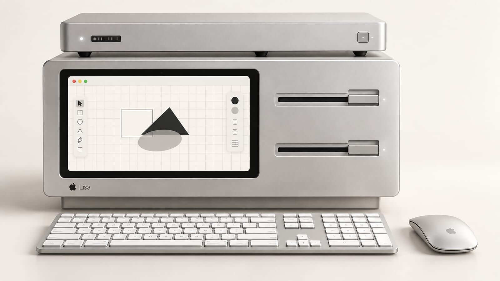 AI 重新设计的 Apple Lisa，银色机身搭配薄键盘和现代鼠标