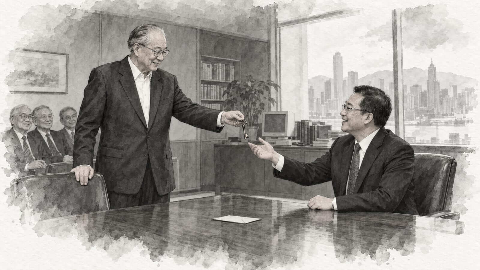 老一辈管理者将象征交接的钥匙交给接班人